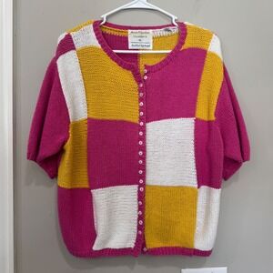 Vintage Color Block Hand Knit Cardigan Pink‎ Yellow Button M Retro Cottagecore